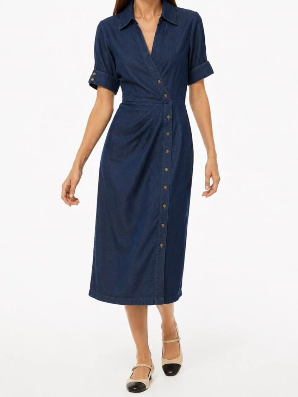 Modern Minimalist Elevated Casual Structured Feminine Dark Wash Denim Midi Dress